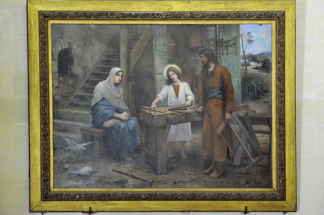 Картина художника Хаммерштейна, изображающая обучение Иосифом Обручником отрока Иисуса Христа плотницкому мастерству