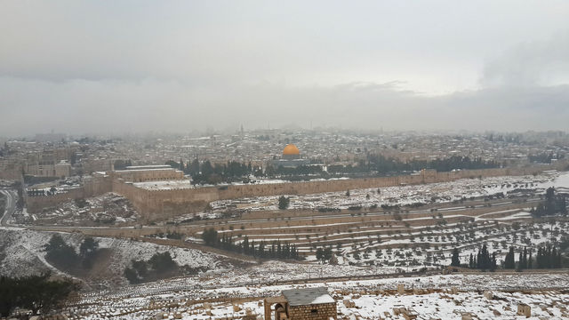Вид на заснеженный Иерусалим с вершины Елеонской горы. 14 декабря 2013 года. Суббота